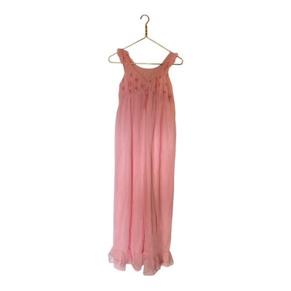 Vtg Rare OLGA Nightgown Long Sleeve Sweep Classic Light Pink Sheer Lace | Flawed - Picture 1 of 7